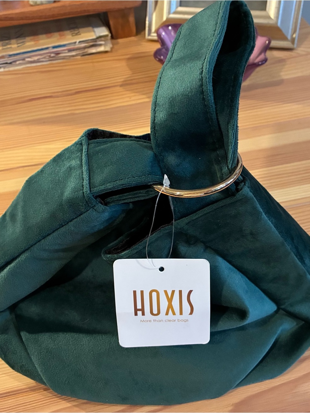 HOXIS Emerald Green Suede Hobo Bag with Gold Ring Accent